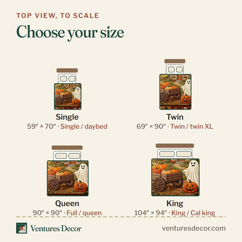 Size guide for the Friendly Ghost Farmstead quilt, top view to scale: Single 59 x 70 in, Twin 69 x 90 in, Queen 90 x 90 in, King 104 x 94 in