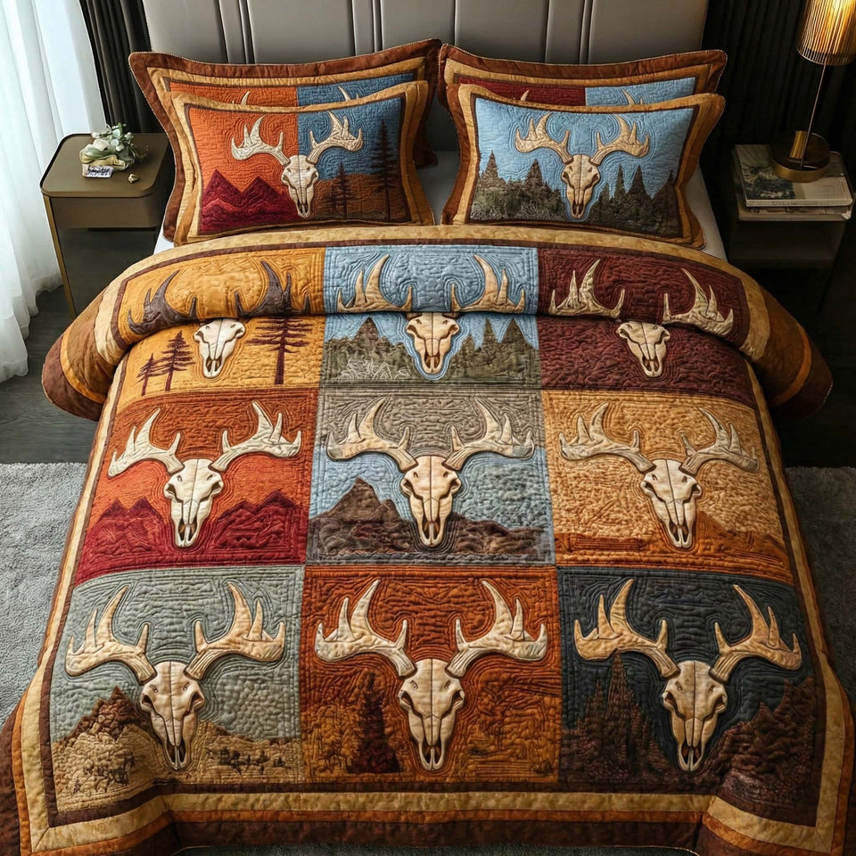 Frontier Patchwork quilted bedding set, quilt and two pillow shams on a made bed