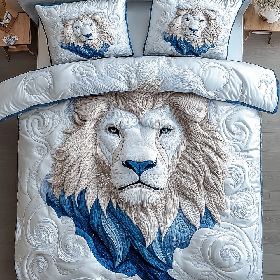 Frost Mane Lion Swirl quilted bedding set, quilt and two pillow shams on a made bed
