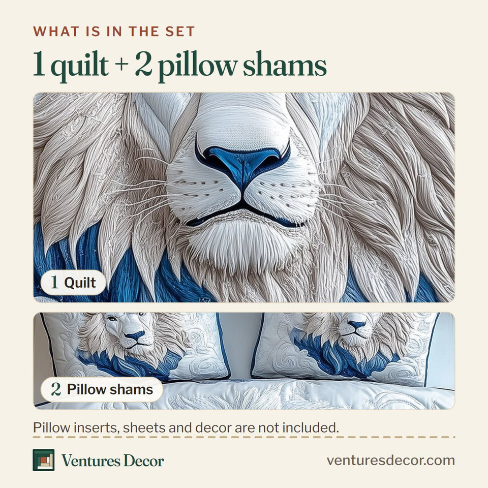 What is in the set: one quilt and two pillow shams, shown in the Frost Mane Lion Swirl design