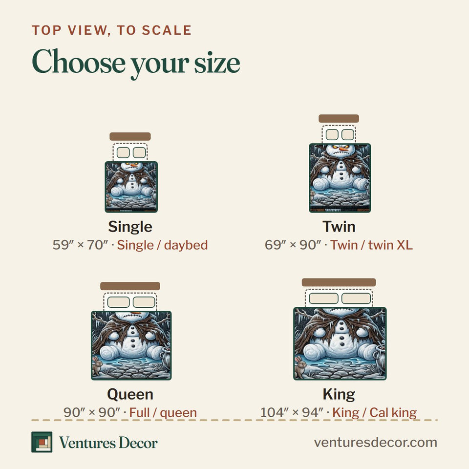 Size guide for the Frost Moon Cauldron Snowman quilt, top view to scale: Single 59 x 70 in, Twin 69 x 90 in, Queen 90 x 90 in, King 104 x 94 in