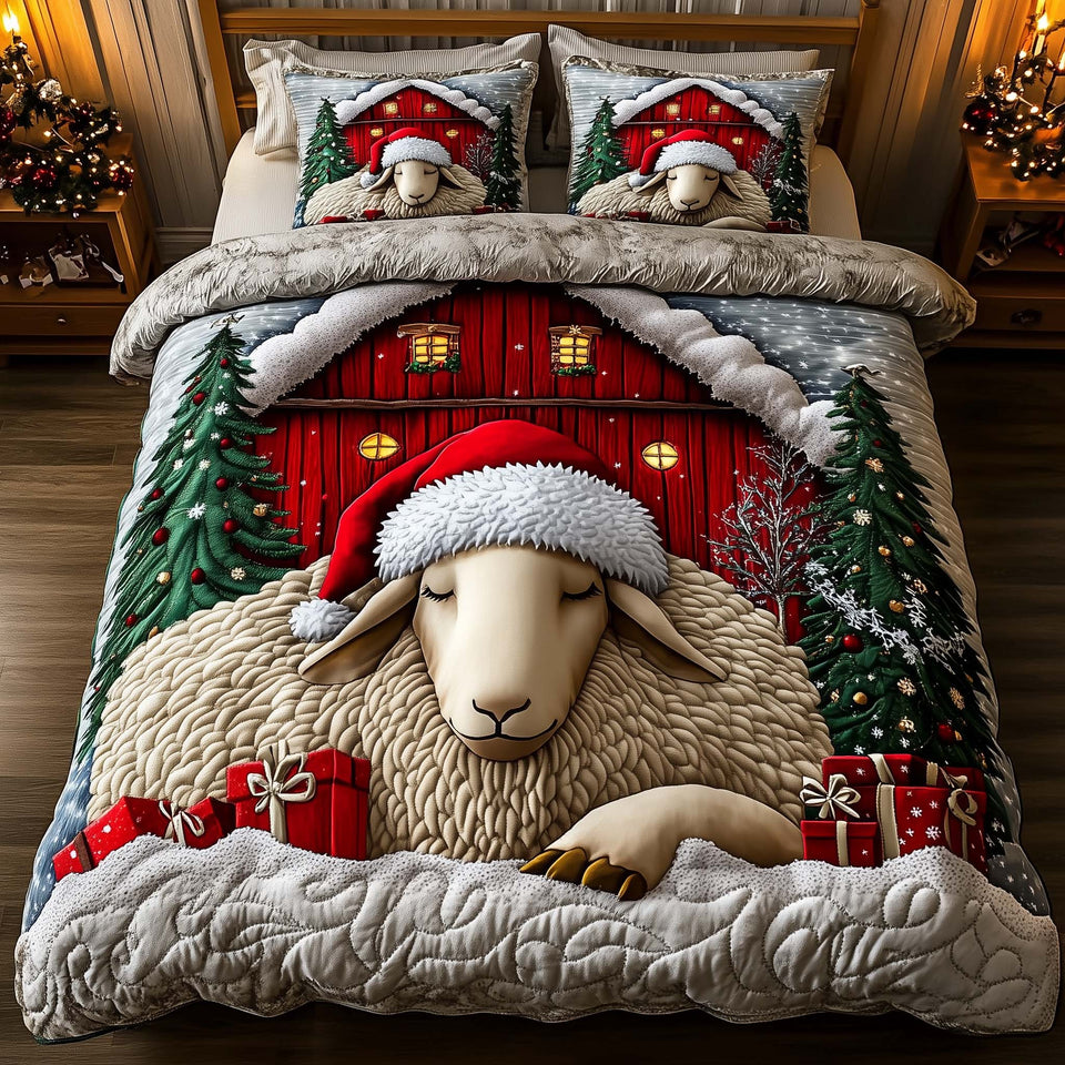 Frosted Homestead Sheep in a Santa Hat quilted bedding set, quilt and two pillow shams on a made bed