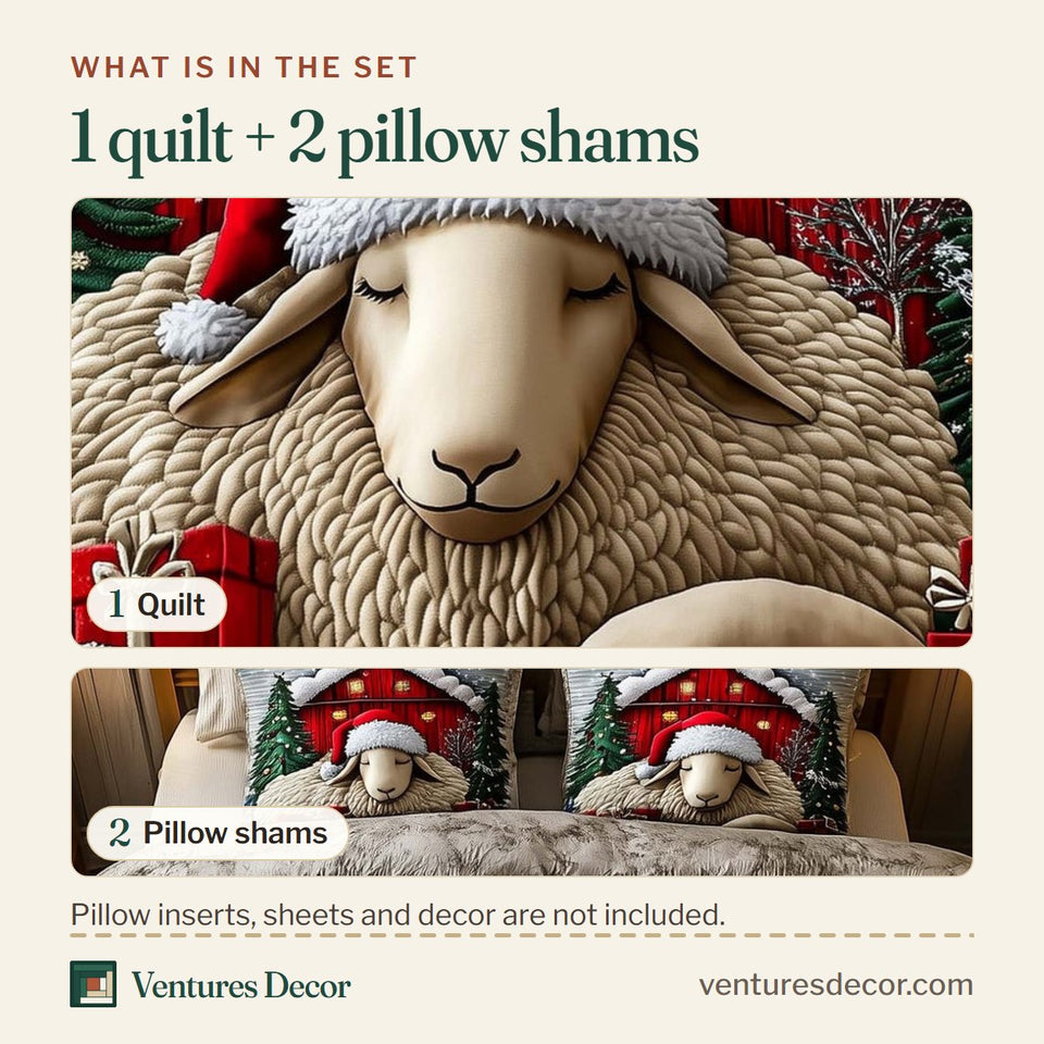 What is in the set: one quilt and two pillow shams, shown in the Frosted Homestead Sheep in a Santa Hat design