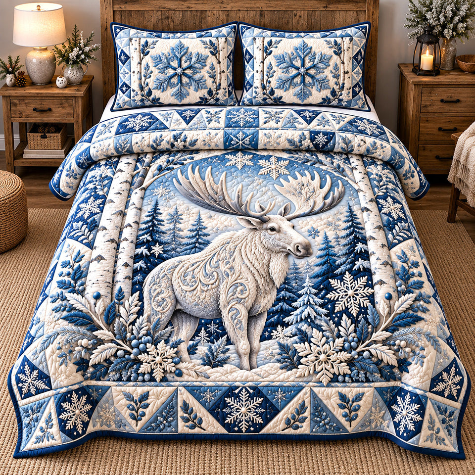 Frosted Moose Elegance quilted bedding set, quilt and two pillow shams on a made bed