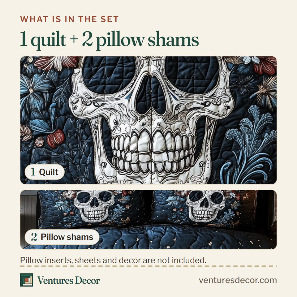 What is in the set: one quilt and two pillow shams, shown in the Frosted Skull Nocturne design