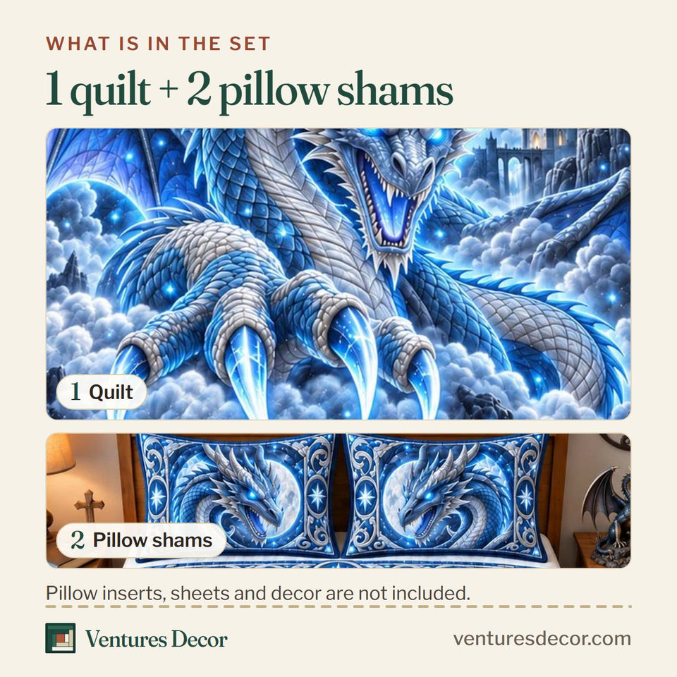 What is in the set: one quilt and two pillow shams, shown in the Froststorm Dragon design