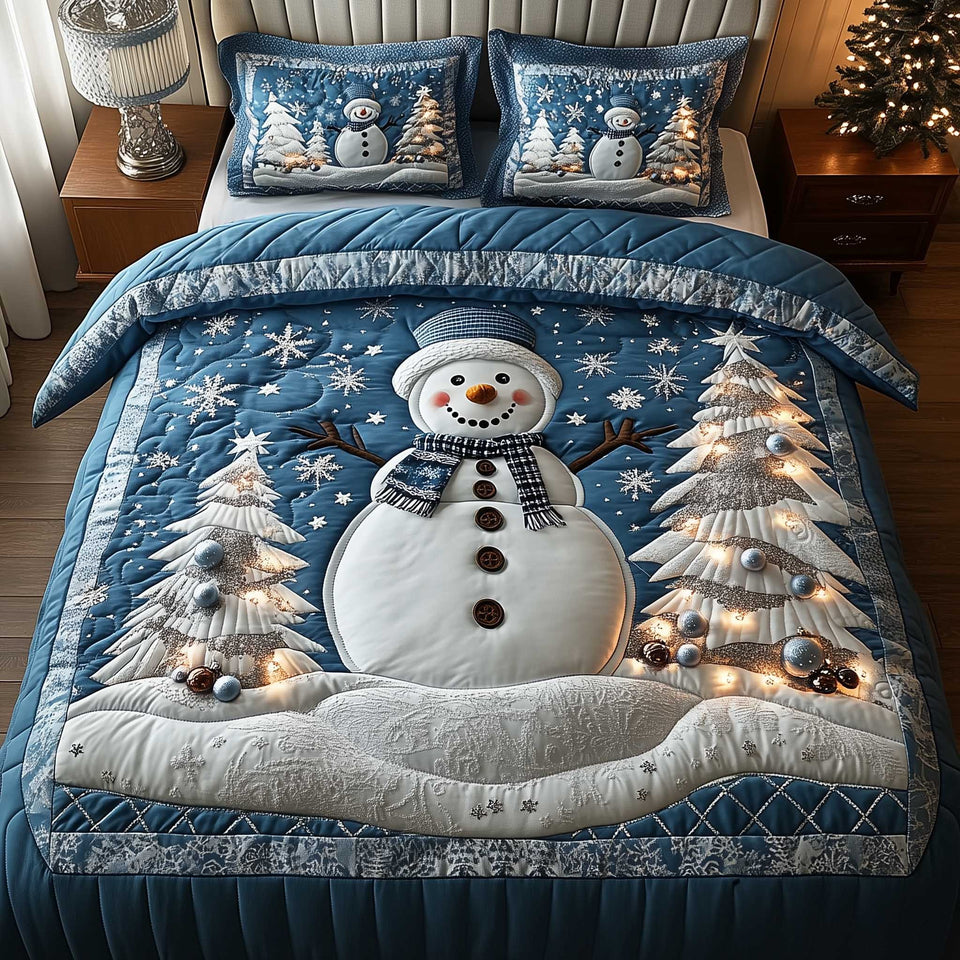 Frosty Friends Lantern Tree Snowman quilted bedding set, quilt and two pillow shams on a made bed