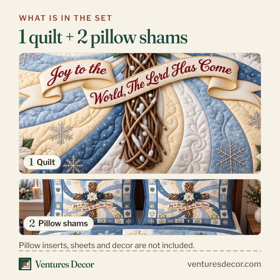 What is in the set: one quilt and two pillow shams, shown in the Frosty Joy Cross design