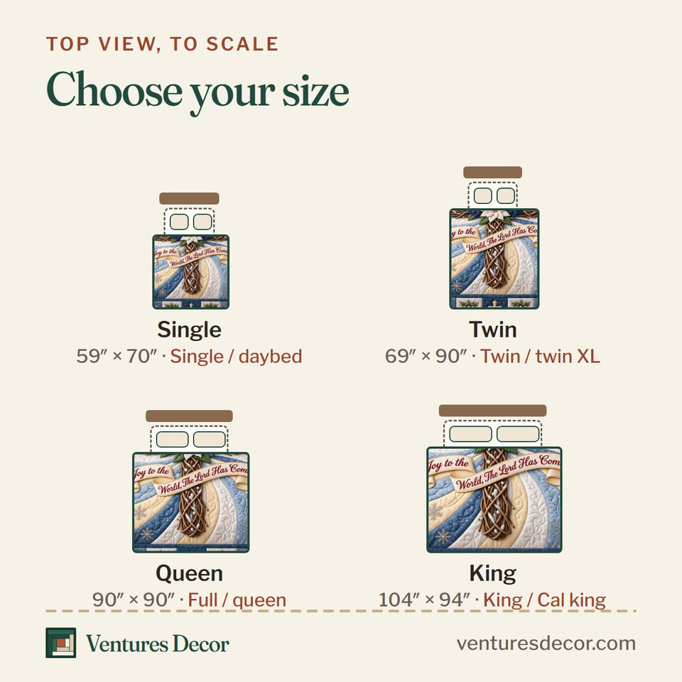 Size guide for the Frosty Joy Cross quilt, top view to scale: Single 59 x 70 in, Twin 69 x 90 in, Queen 90 x 90 in, King 104 x 94 in