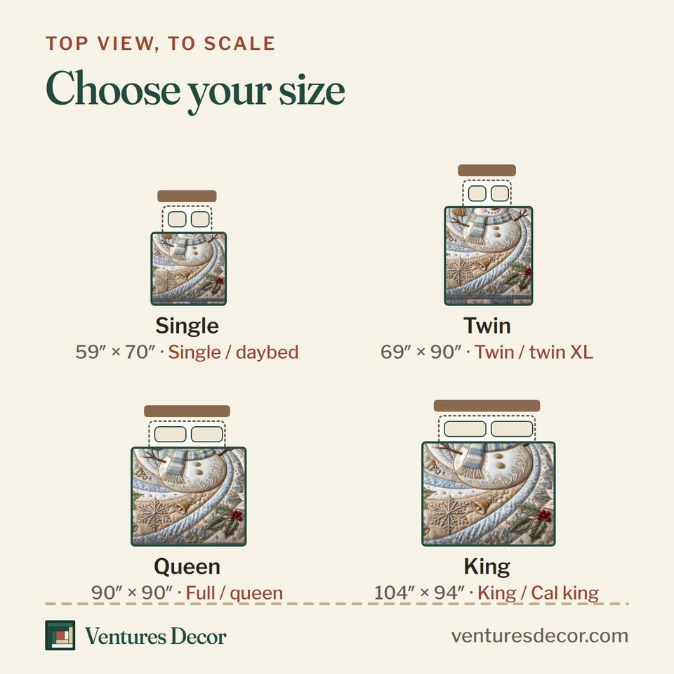 Size guide for the Frosty Swirl Poinsettia quilt, top view to scale: Single 59 x 70 in, Twin 69 x 90 in, Queen 90 x 90 in, King 104 x 94 in