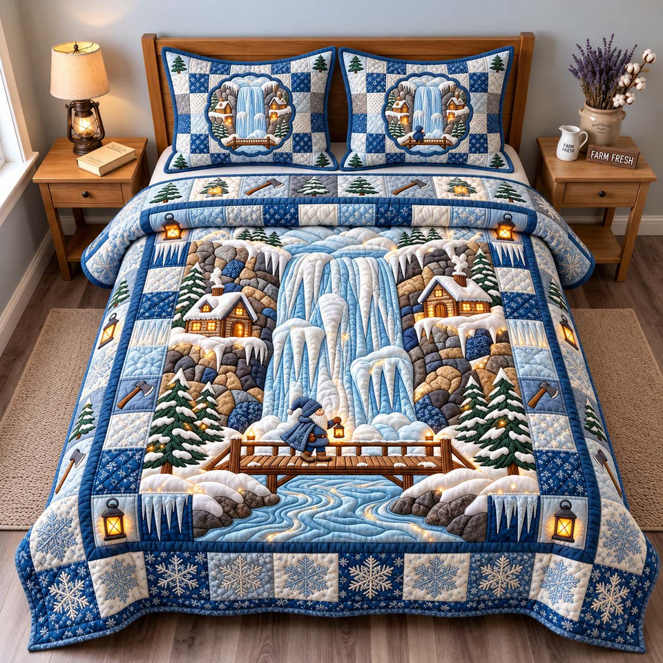 Frozen Falls Village quilted bedding set, quilt and two pillow shams on a made bed