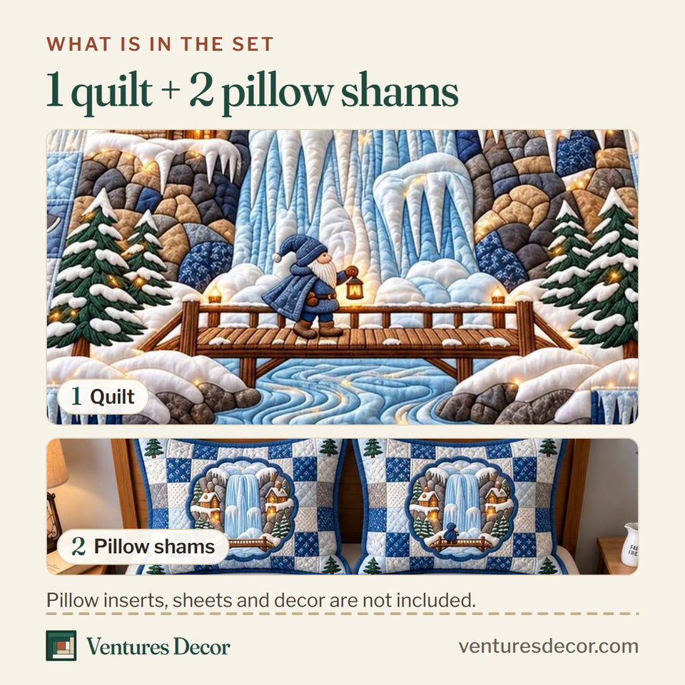 What is in the set: one quilt and two pillow shams, shown in the Frozen Falls Village Quilt Set, 3-Piece Quilted Bedding with 2 Pillow Shams design
