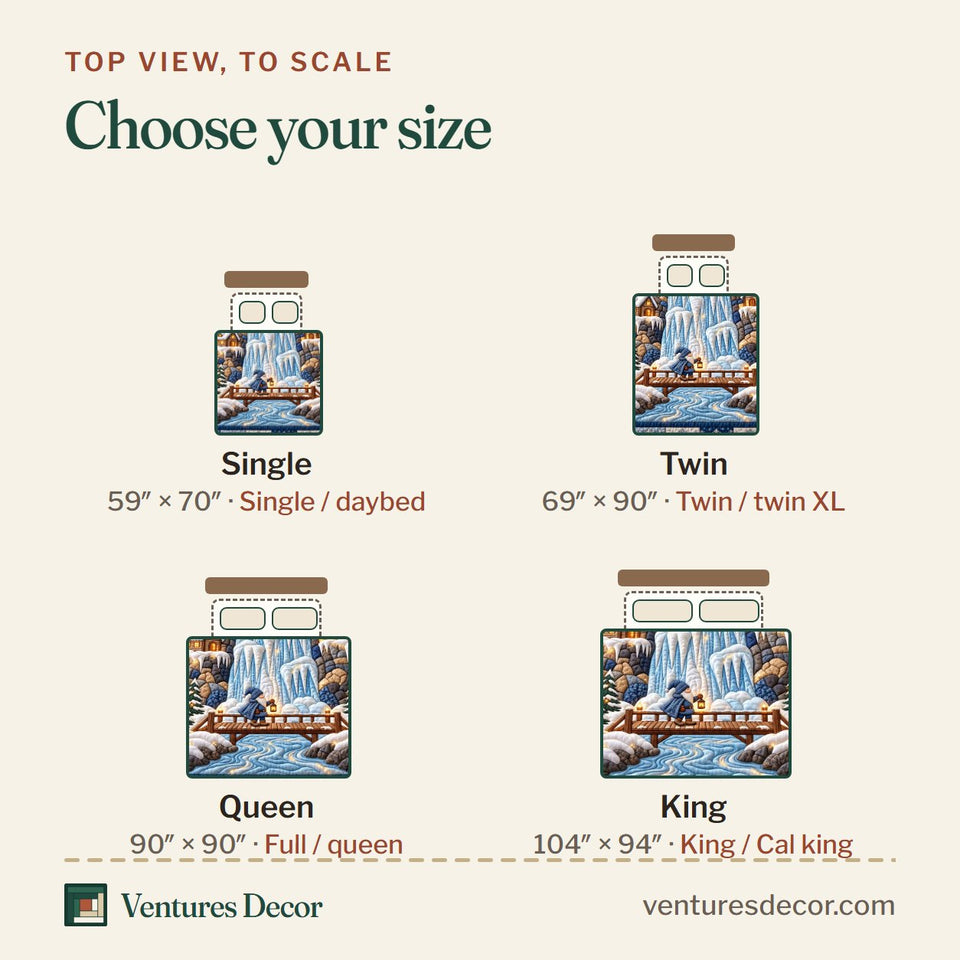 Size guide for the Frozen Falls Village Quilt Set, 3-Piece Quilted Bedding with 2 Pillow Shams quilt, top view to scale: Single 59 x 70 in, Twin 69 x 90 in, Queen 90 x 90 in, King 104 x 94 in