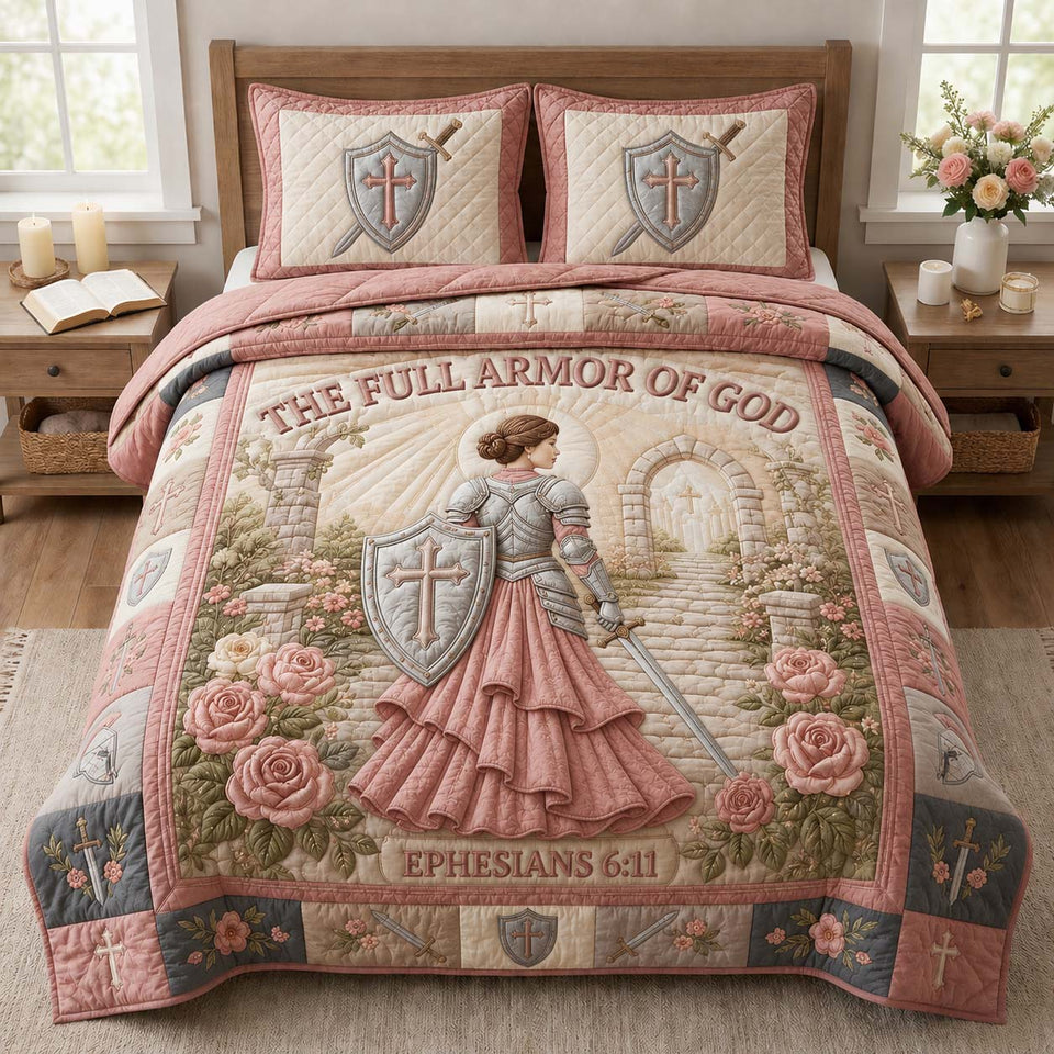 Full Armor Grace quilted bedding set, quilt and two pillow shams on a made bed