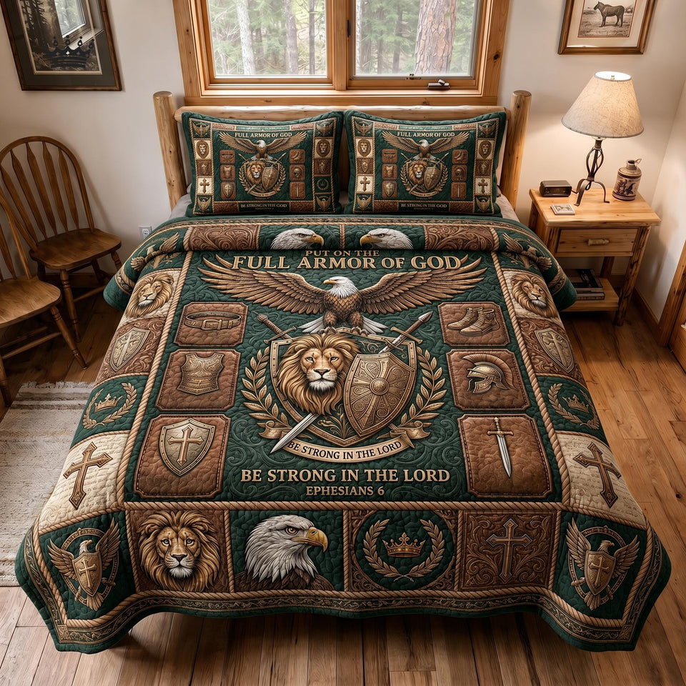 Full Armor Lion Shield quilted bedding set, quilt and two pillow shams on a made bed