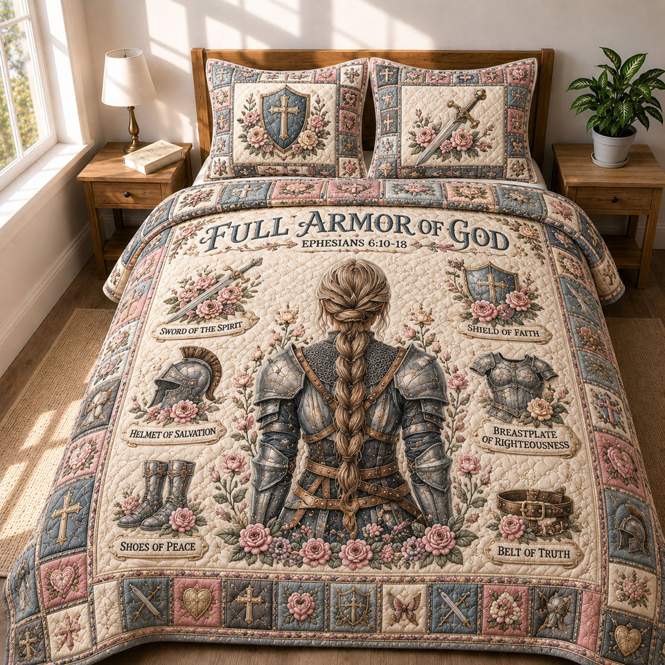 Full Armor Of God Cream Armor Panel quilted bedding set, quilt and two pillow shams on a made bed
