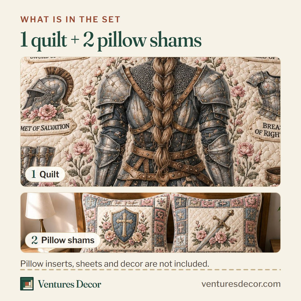 What is in the set: one quilt and two pillow shams, shown in the Full Armor Of God Cream Armor Panel design