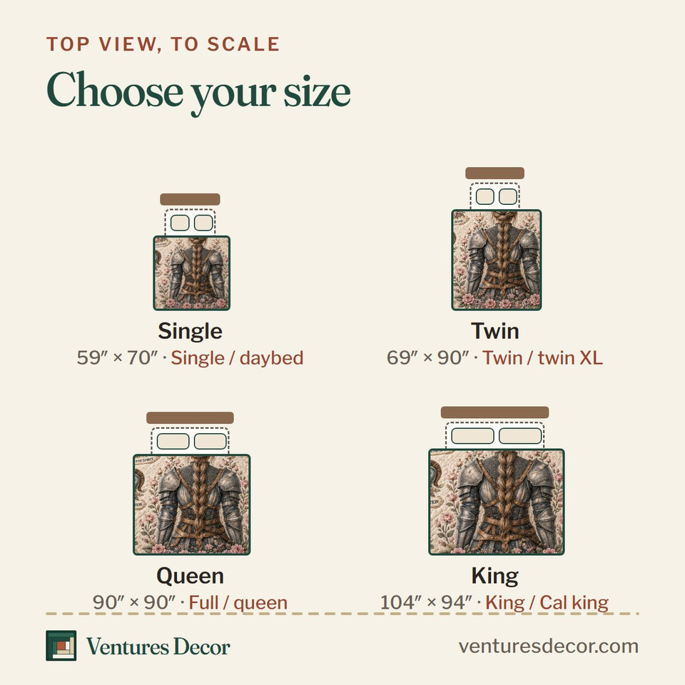 Size guide for the Full Armor Of God Cream Armor Panel quilt, top view to scale: Single 59 x 70 in, Twin 69 x 90 in, Queen 90 x 90 in, King 104 x 94 in