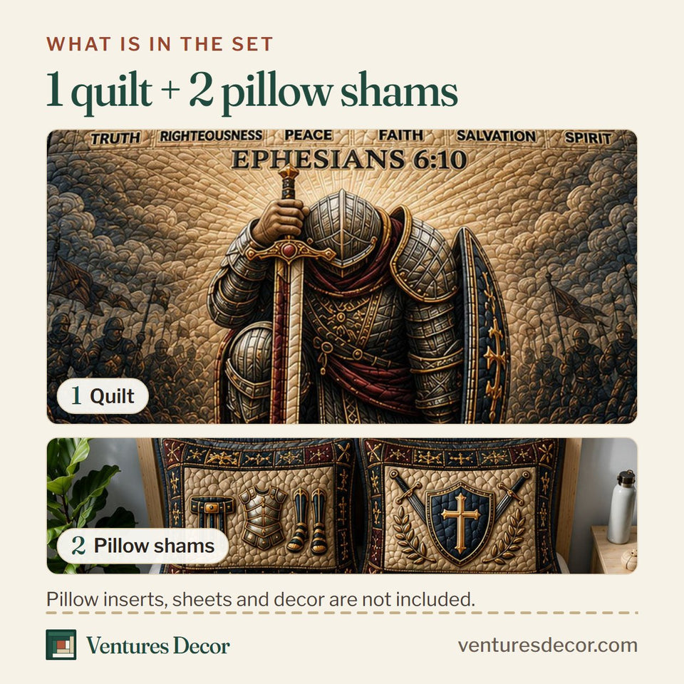 What is in the set: one quilt and two pillow shams, shown in the Full Armor Of God Kneeling Knight Amber design