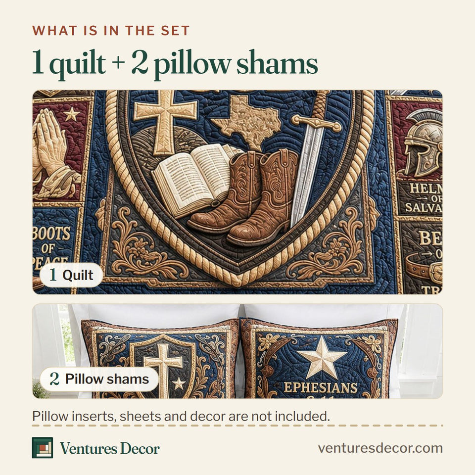 What is in the set: one quilt and two pillow shams, shown in the Full Armor Of God Texas Shield design