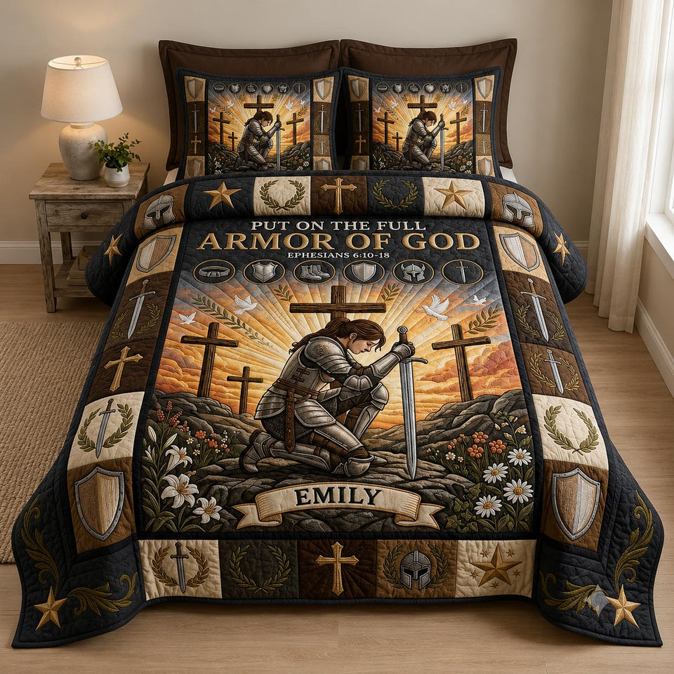 Full Armor Of God Three Crosses Dusk quilted bedding set, quilt and two pillow shams on a made bed