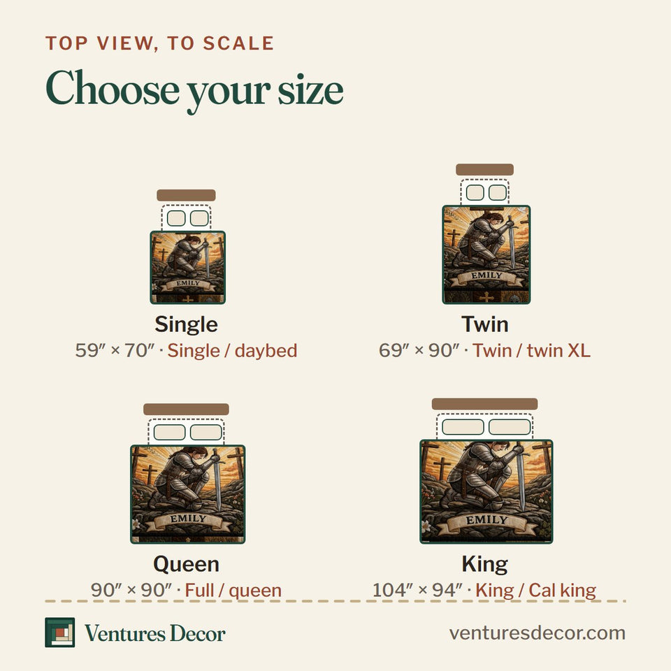 Size guide for the Full Armor Of God Three Crosses Dusk quilt, top view to scale: Single 59 x 70 in, Twin 69 x 90 in, Queen 90 x 90 in, King 104 x 94 in