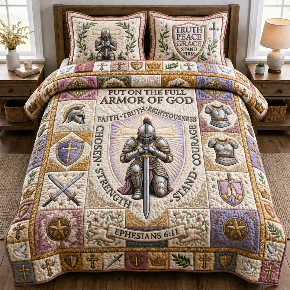 Full Armor Steadfast Knight quilted bedding set, quilt and two pillow shams on a made bed