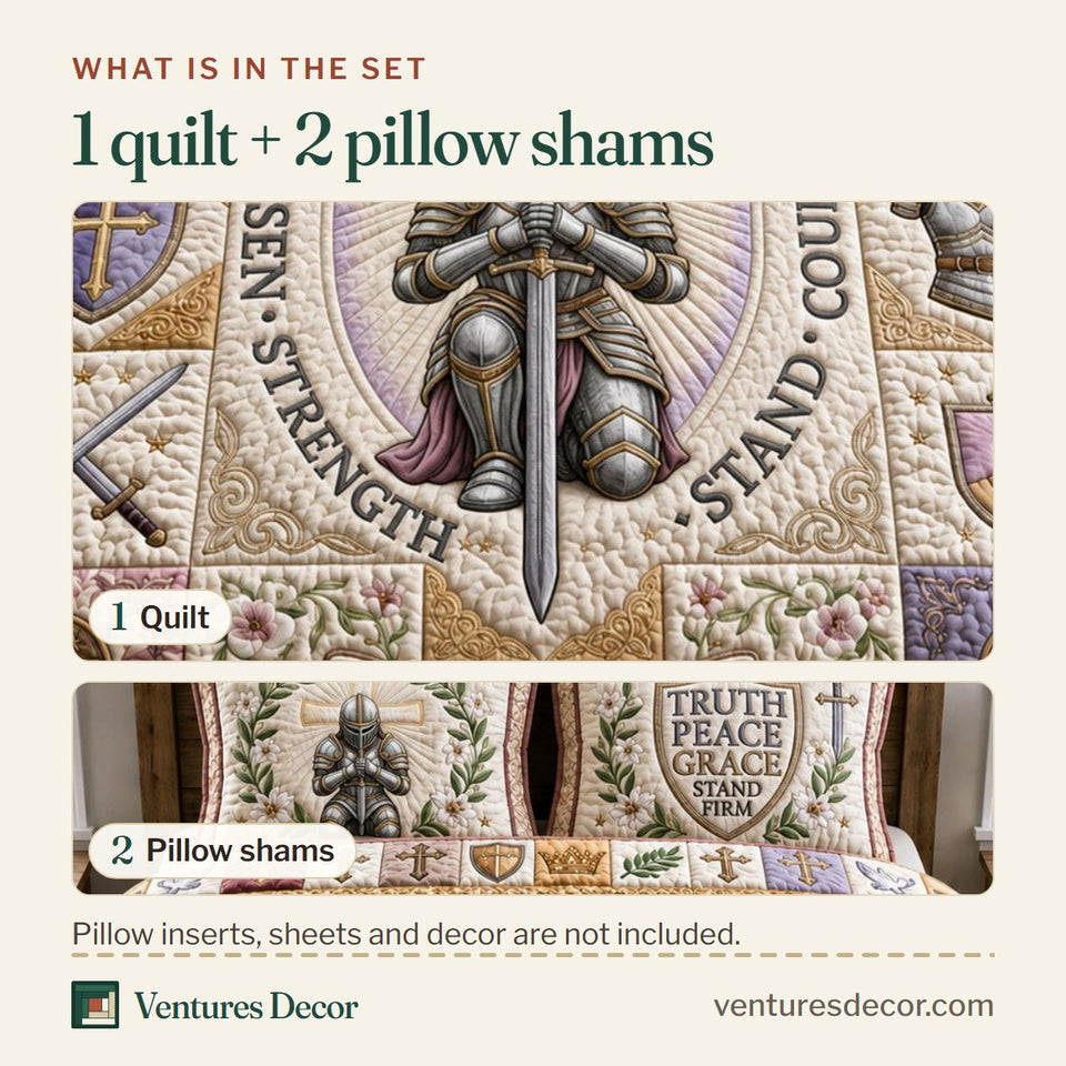 What is in the set: one quilt and two pillow shams, shown in the Full Armor Steadfast Knight design