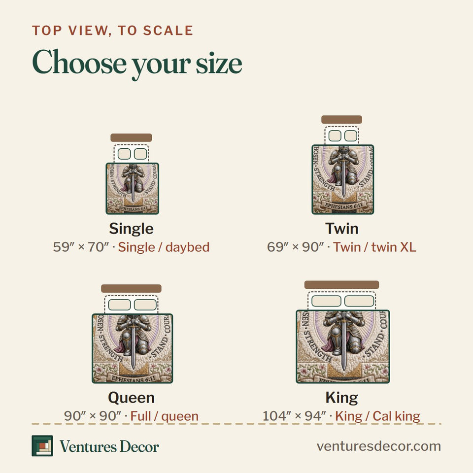 Size guide for the Full Armor Steadfast Knight quilt, top view to scale: Single 59 x 70 in, Twin 69 x 90 in, Queen 90 x 90 in, King 104 x 94 in