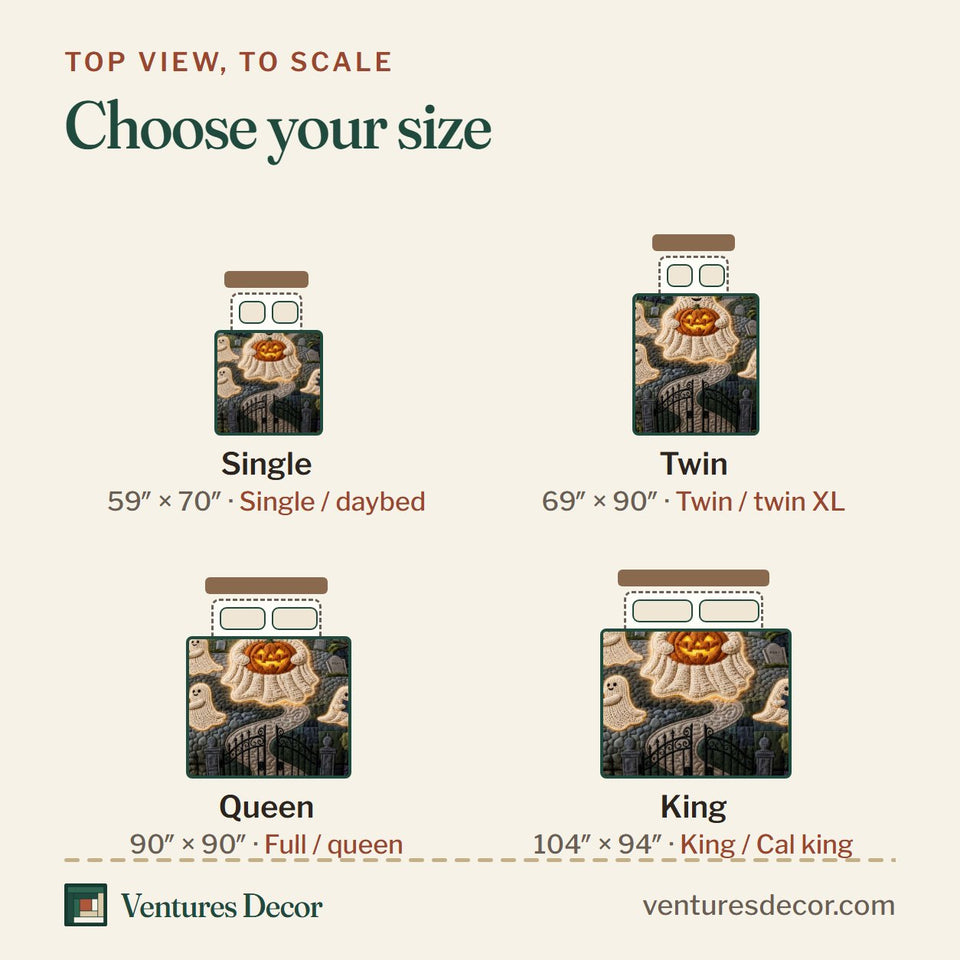 Size guide for the Full Moon Ghost Gathering quilt, top view to scale: Single 59 x 70 in, Twin 69 x 90 in, Queen 90 x 90 in, King 104 x 94 in