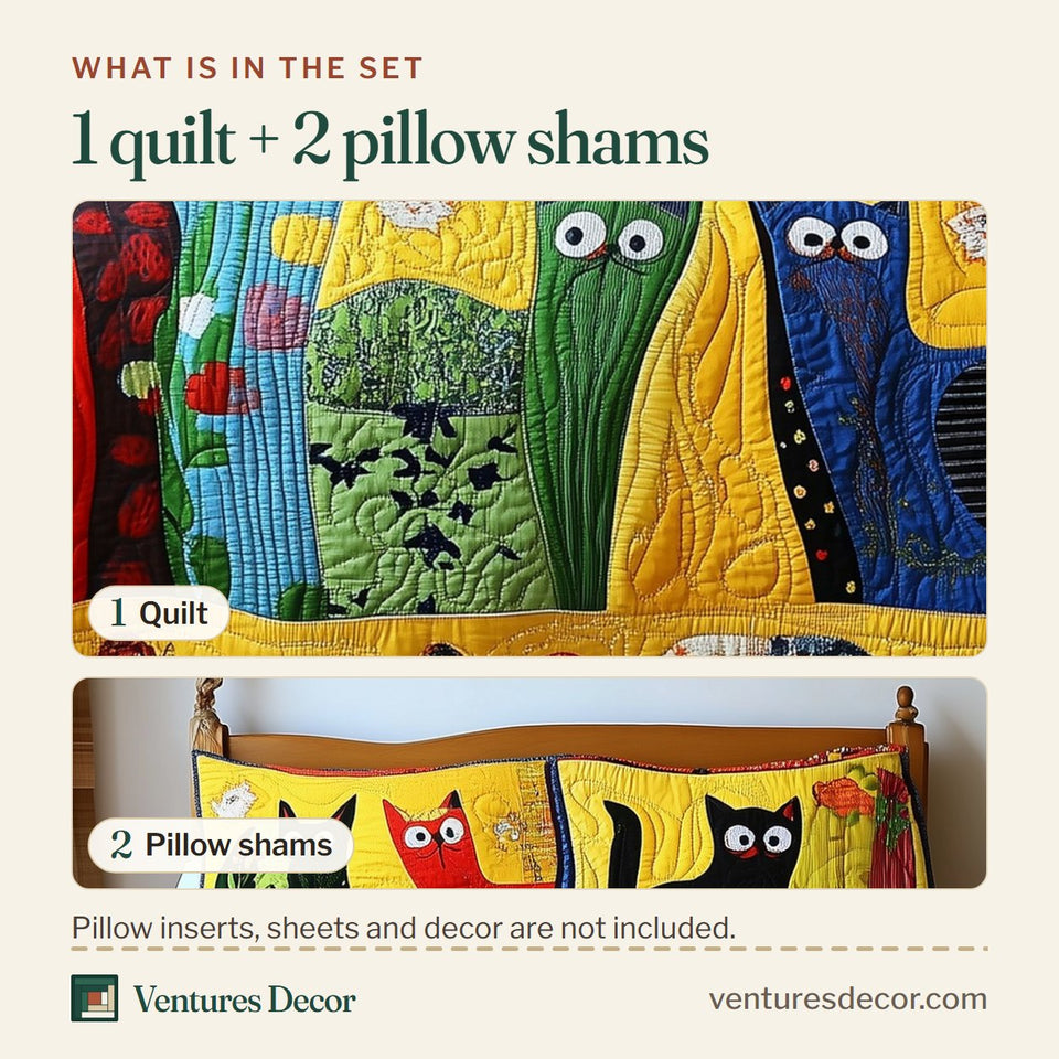 What is in the set: one quilt and two pillow shams, shown in the Funky Cats Golden Patch Kitties design