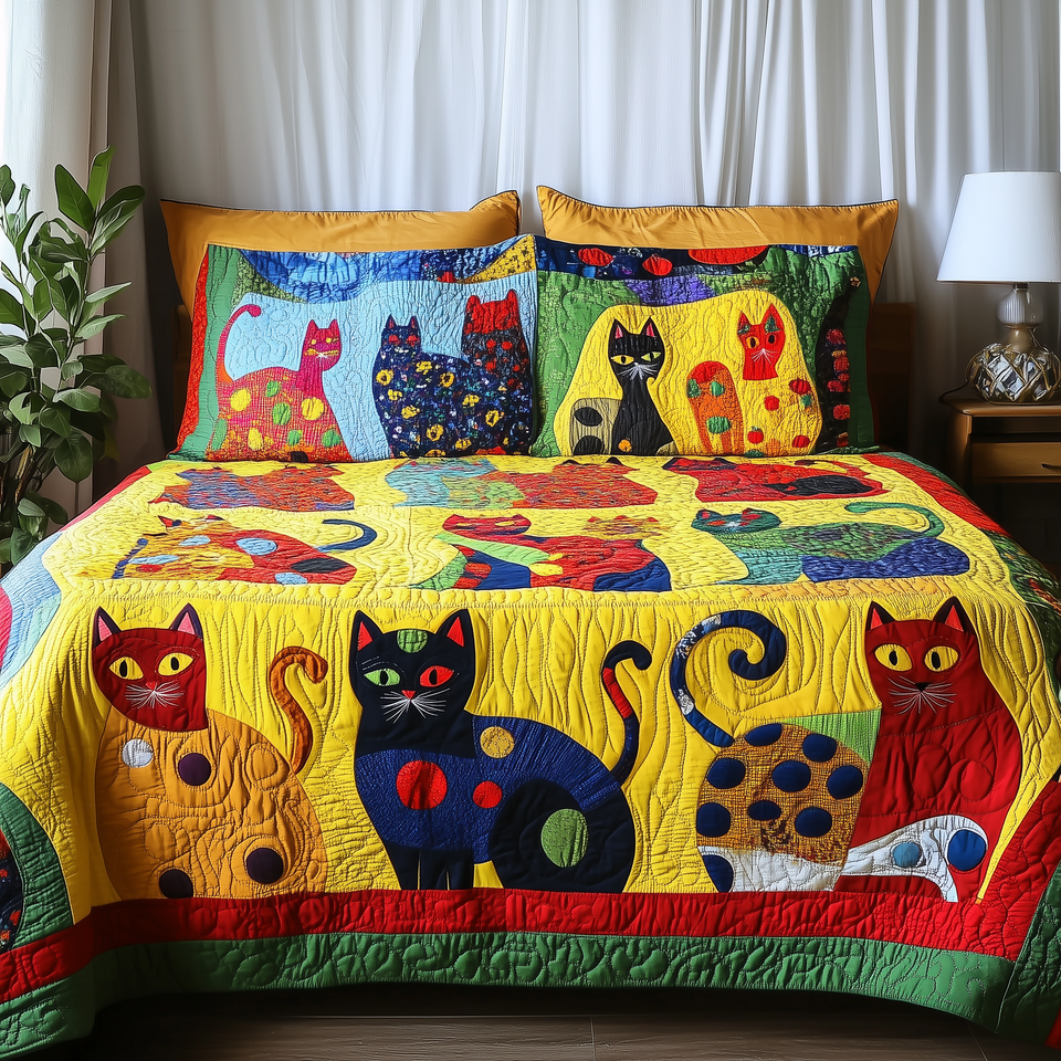 Funky Cats Polka Dot Cat Parade quilted bedding set, quilt and two pillow shams on a made bed