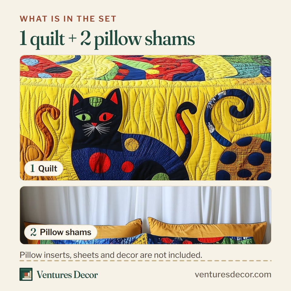 What is in the set: one quilt and two pillow shams, shown in the Funky Cats Polka Dot Cat Parade design