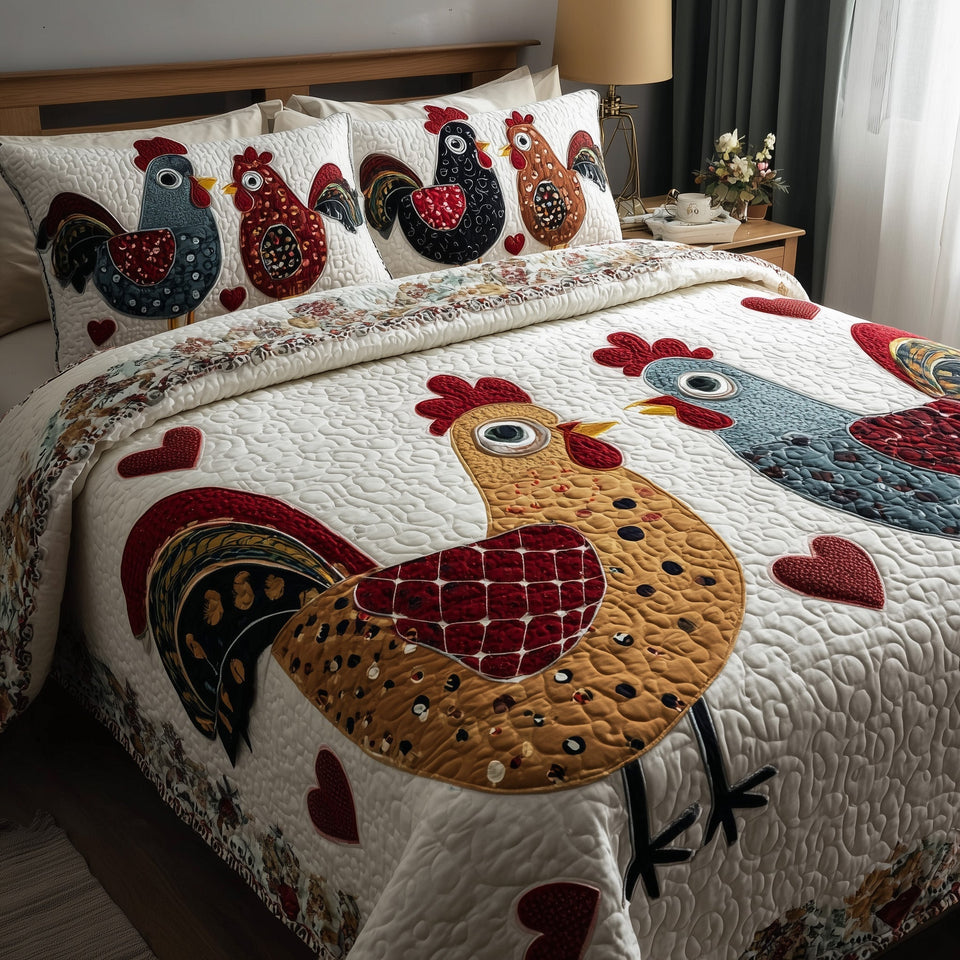 Funky Chicken Patchwork Rooster Panel quilted bedding set, quilt and two pillow shams on a made bed