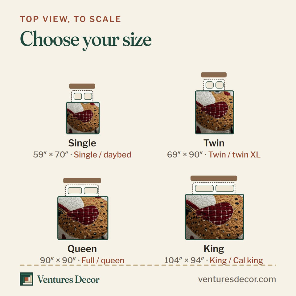 Size guide for the Funky Chicken Patchwork Rooster Panel quilt, top view to scale: Single 59 x 70 in, Twin 69 x 90 in, Queen 90 x 90 in, King 104 x 94 in