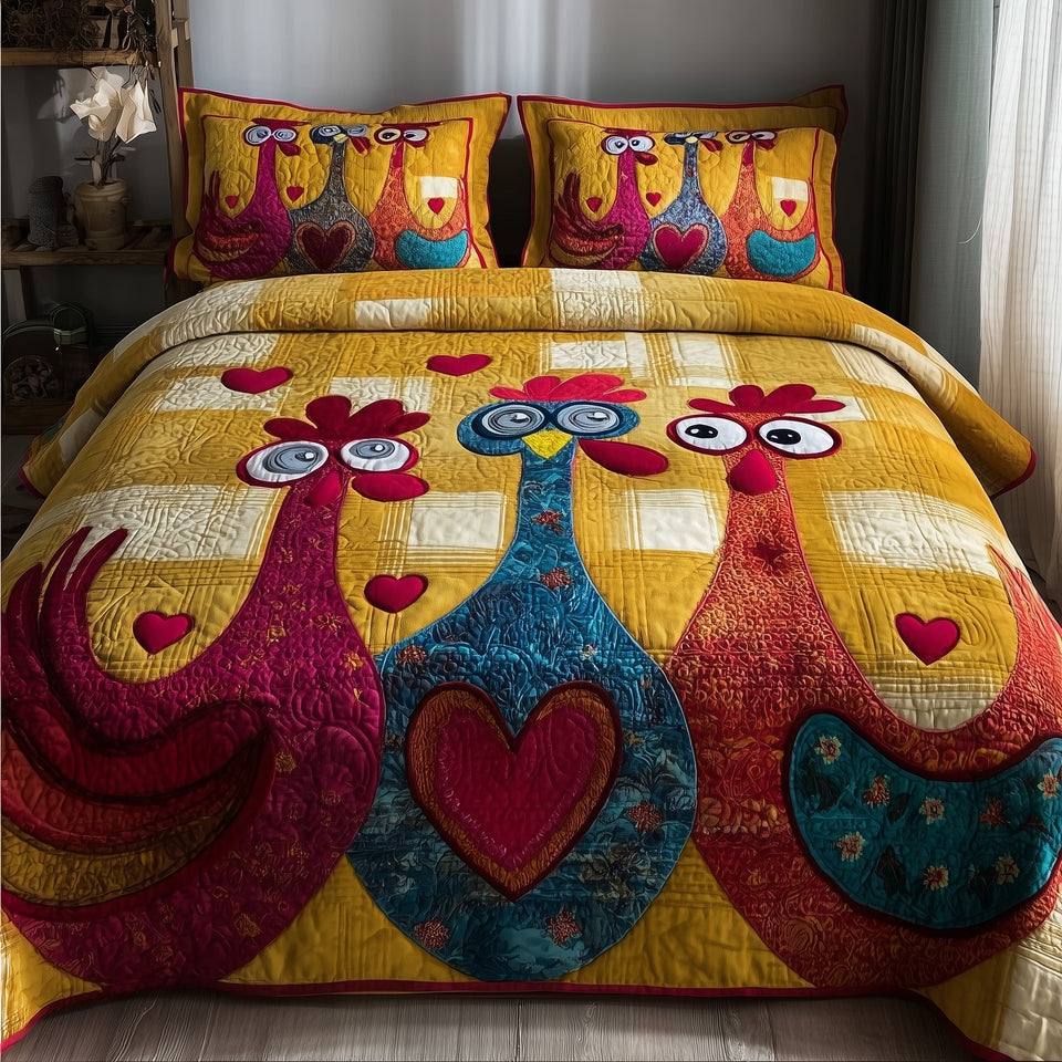 Funky Chicken Yellow Check Rooster Pair quilted bedding set, quilt and two pillow shams on a made bed
