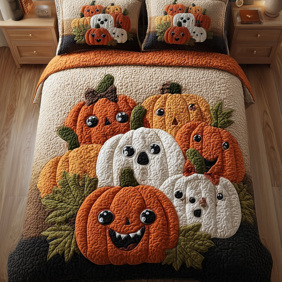 Funky Pumpkin Ghostly White and Orange quilted bedding set, quilt and two pillow shams on a made bed