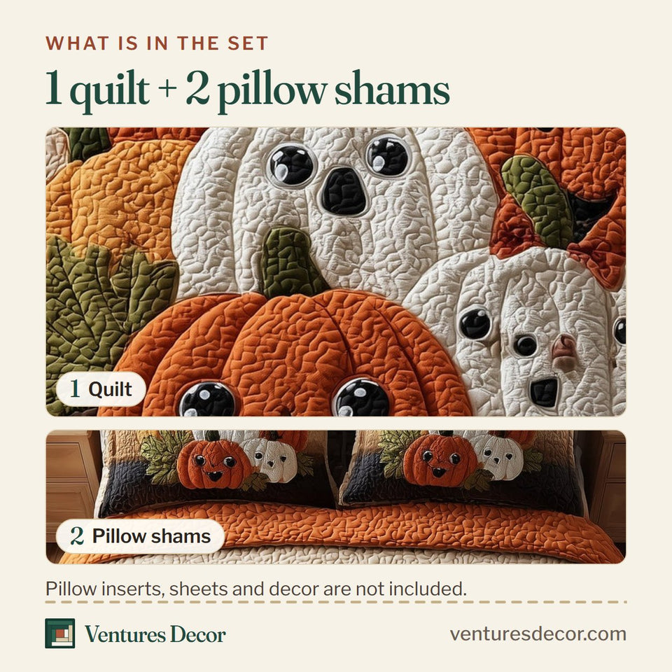 What is in the set: one quilt and two pillow shams, shown in the Funky Pumpkin Ghostly White and Orange design
