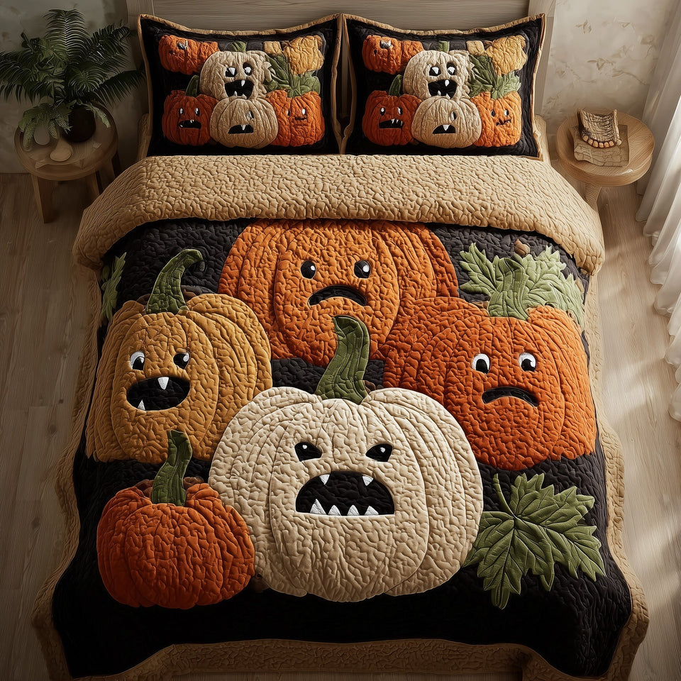 Funky Pumpkin Grumpy Faces Cream Patch quilted bedding set, quilt and two pillow shams on a made bed
