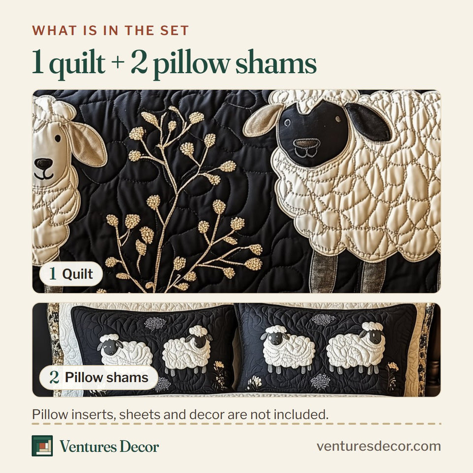 What is in the set: one quilt and two pillow shams, shown in the Funky Sheep Gold Sprig Border design