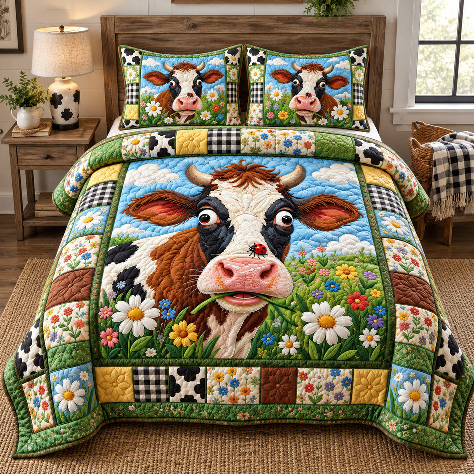 Funny Flower Cow quilted bedding set, quilt and two pillow shams on a made bed