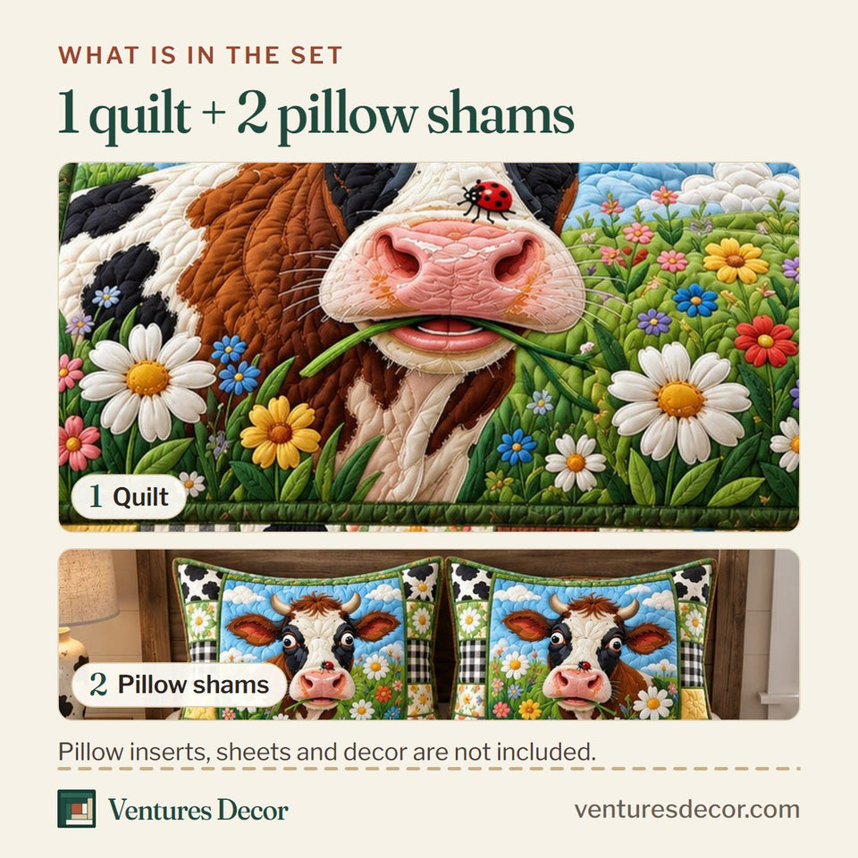 What is in the set: one quilt and two pillow shams, shown in the Funny Flower Cow design