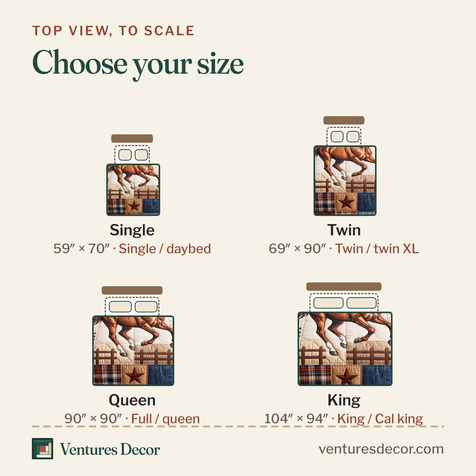 Size guide for the Gallop Patchwork quilt, top view to scale: Single 59 x 70 in, Twin 69 x 90 in, Queen 90 x 90 in, King 104 x 94 in