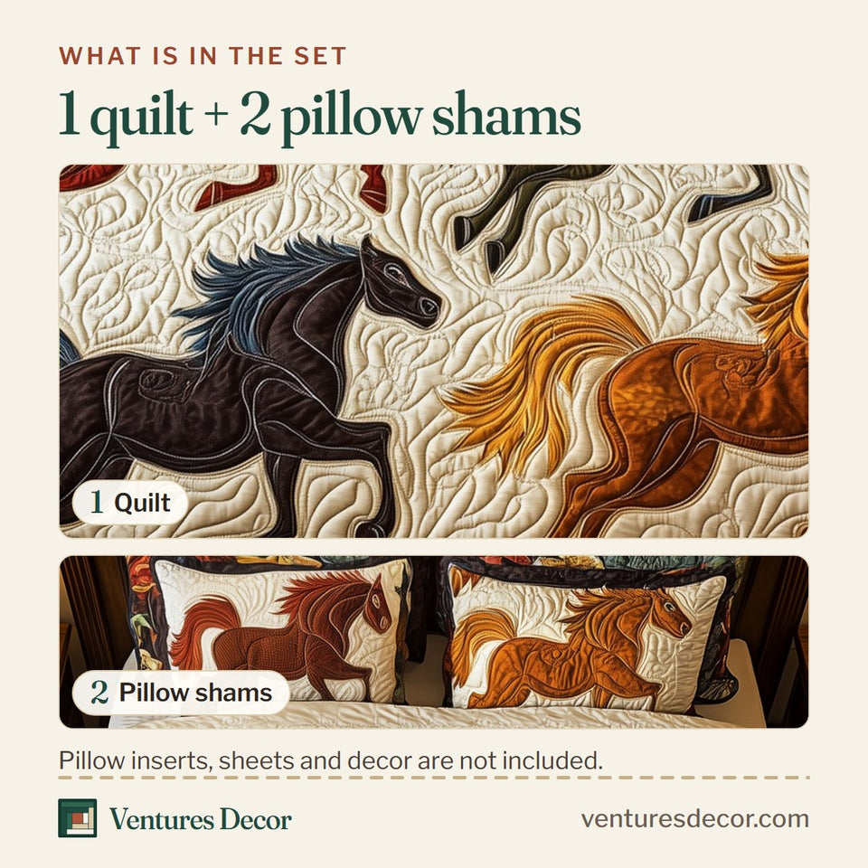 What is in the set: one quilt and two pillow shams, shown in the Galloping Folk Horses design