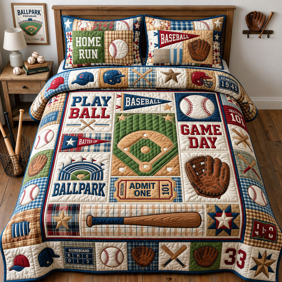 Game Day quilted bedding set, quilt and two pillow shams on a made bed