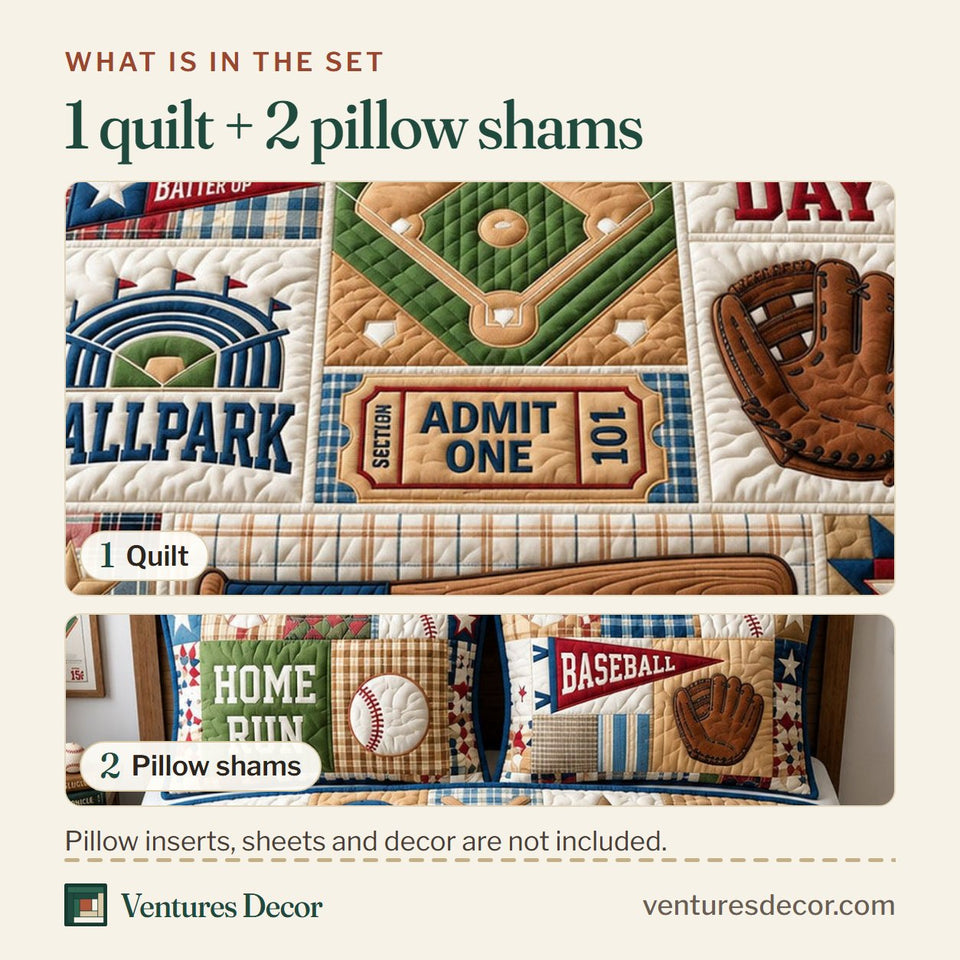 What is in the set: one quilt and two pillow shams, shown in the Game Day design
