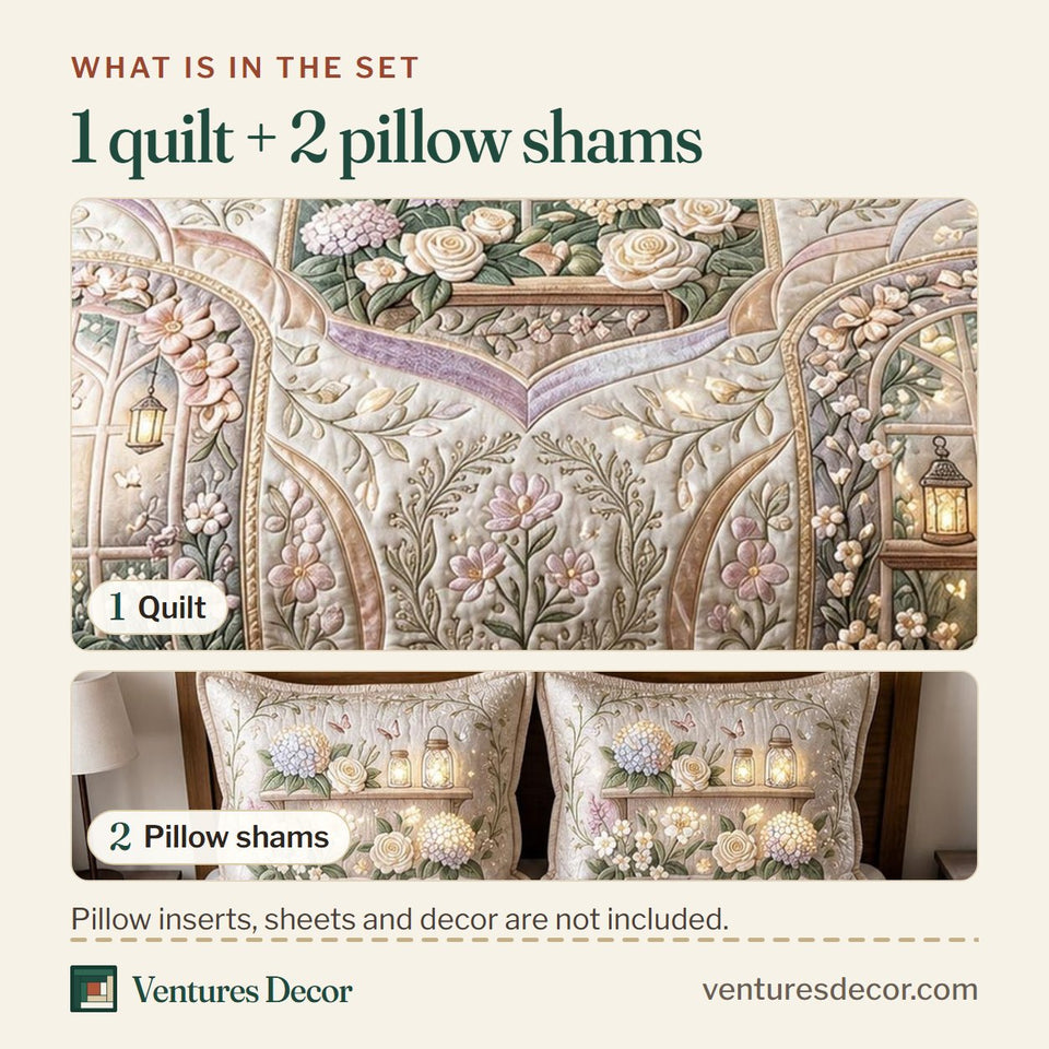 What is in the set: one quilt and two pillow shams, shown in the Garden Bloom Arched Window Blooms design