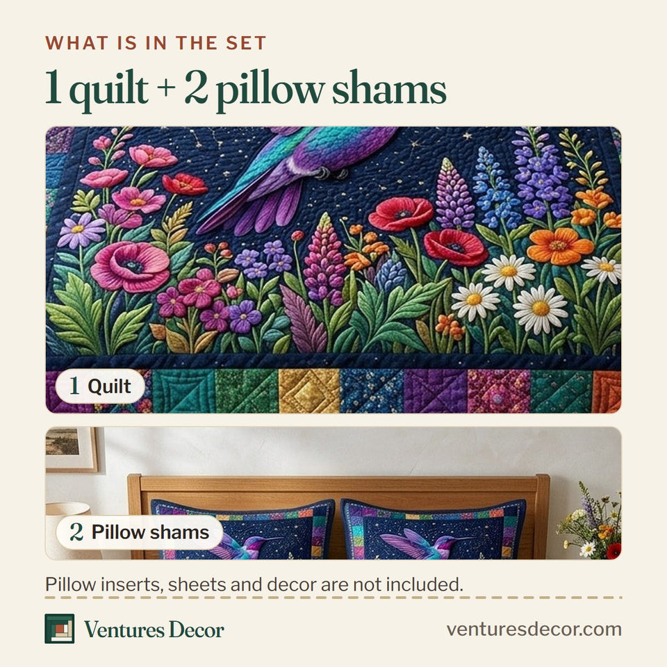 What is in the set: one quilt and two pillow shams, shown in the Garden Hover Midnight Blossom Border design