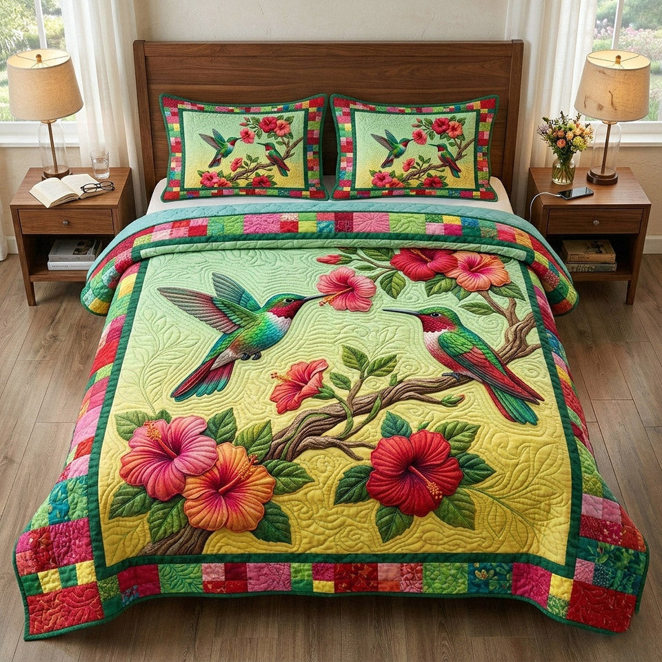 Garden Hover Red Hibiscus on Lime quilted bedding set, quilt and two pillow shams on a made bed