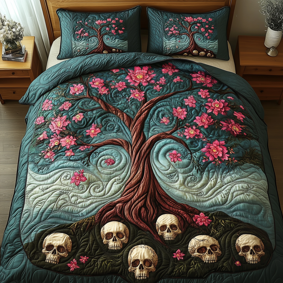 Garden of Soul Blossom Tree Pale Roots quilted bedding set, quilt and two pillow shams on a made bed